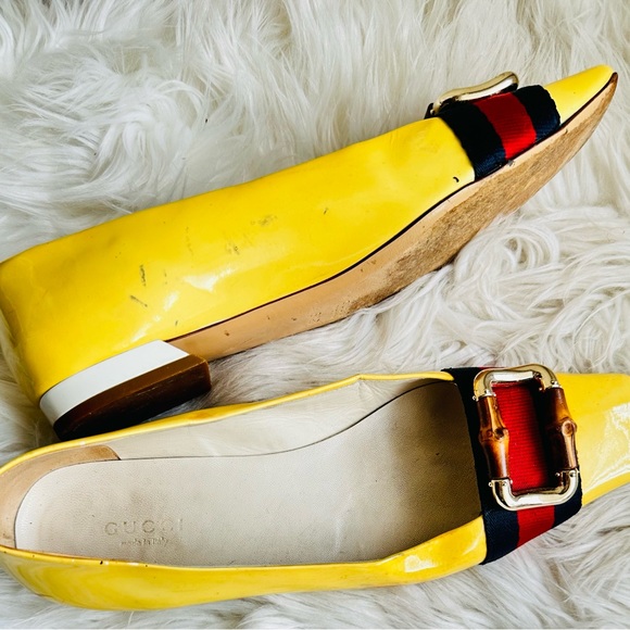 Gucci Shoes - Gucci yellow and red patent women block heels.